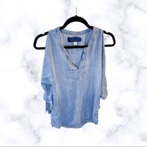 Blue Rain Cold Shoulder Thin Denim Bow Sleeve Blouse